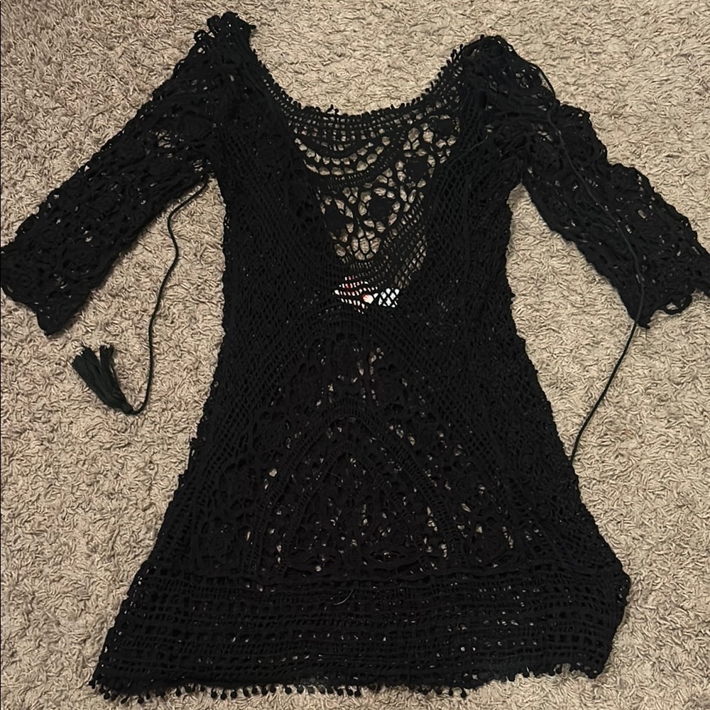 Elegant Black Crochet Swim Coverup